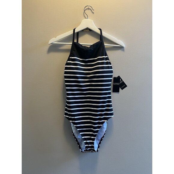 NWT SZ 6 M Ralph Lauren Women Striped One-Piece Designer Swimsuit Black White - Picture 3 of 14